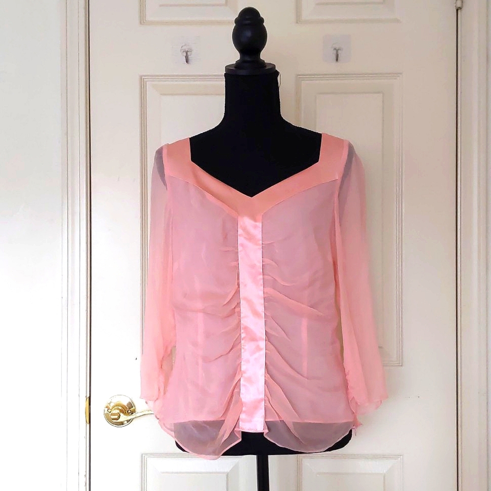 NWOT. W.D.N.Y. 100% Silk Pink Sheer Full Lined Blouse w/Satin Silk Front Design.